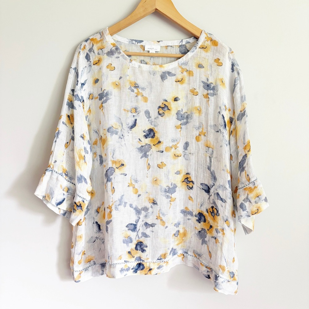 J Jill Pure Jill Linen Floral Gauze Top Size Large Blue Yellow White 3/4 Sleeve